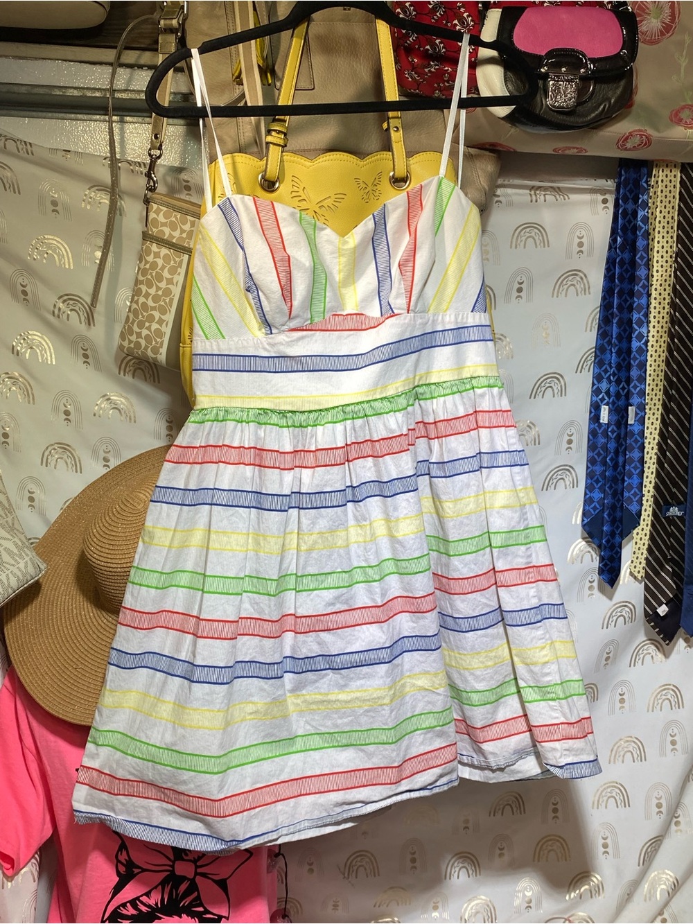 B. Smart White Sundress with Red, Blue, Green & Yellow Stripes